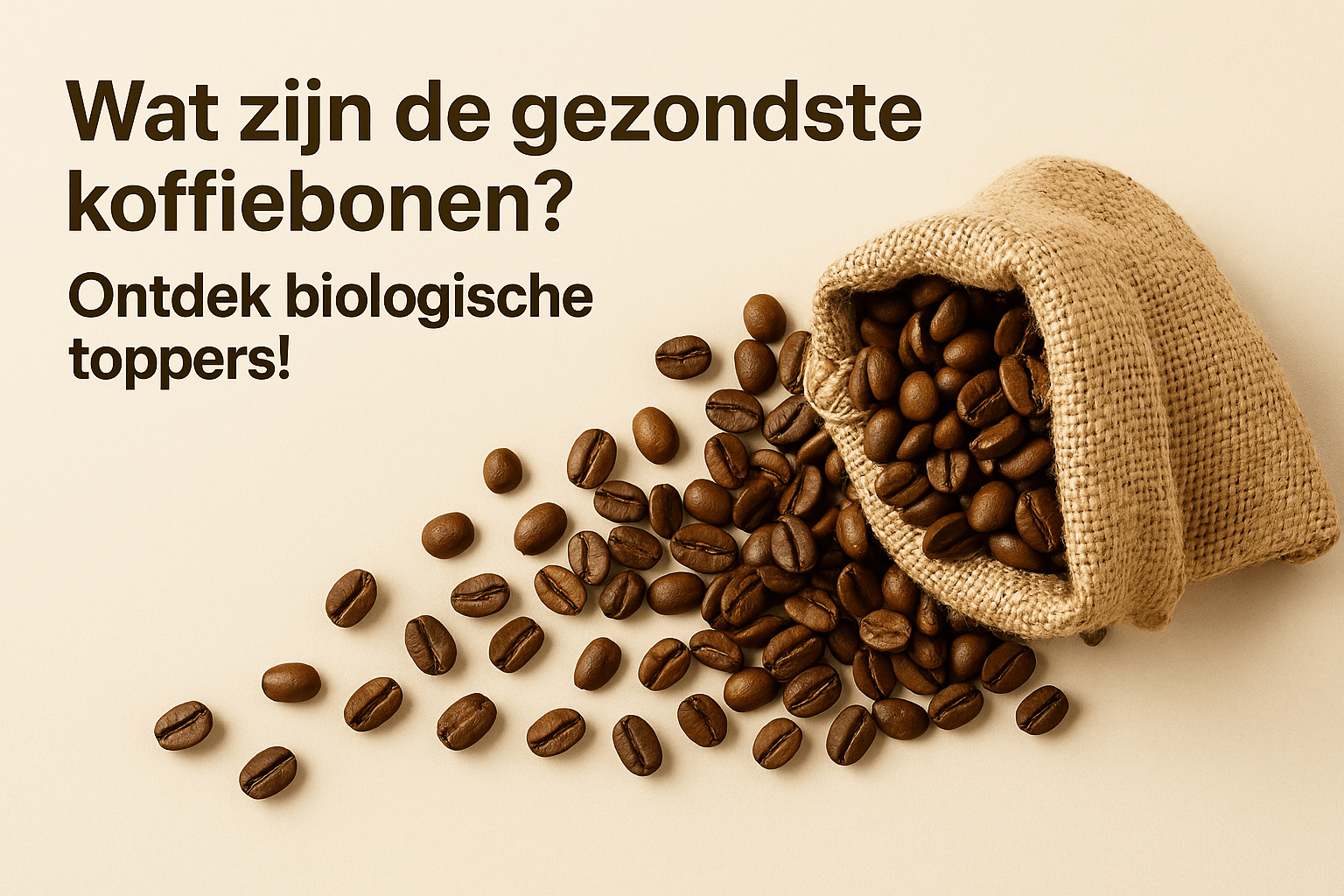 Jute zak met biologische koffiebonen uitgestrooid op een lichte achtergrond