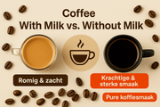Twee kopjes koffie, één met melk en één zwart, omringd door koffiebonen