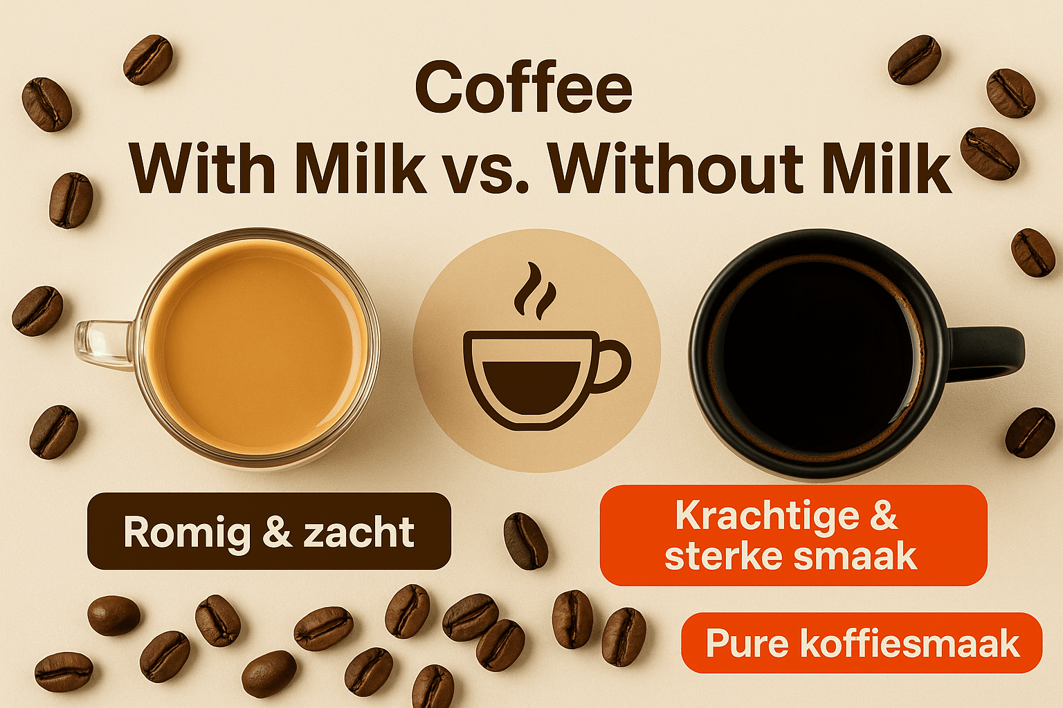 Twee kopjes koffie, één met melk en één zwart, omringd door koffiebonen