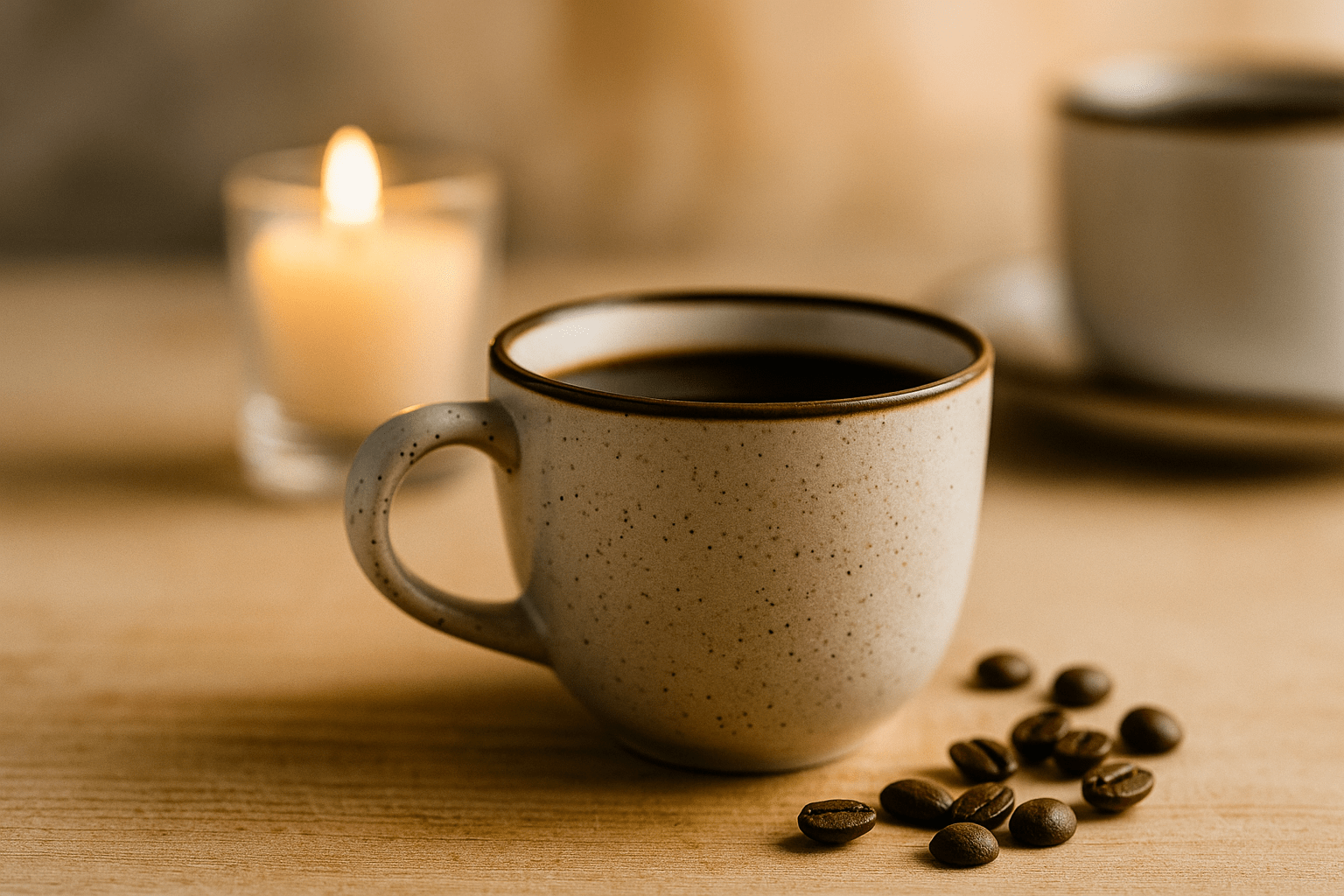 Rustieke koffiemok met zwarte koffie, koffiebonen en een brandend kaarsje op houten tafel