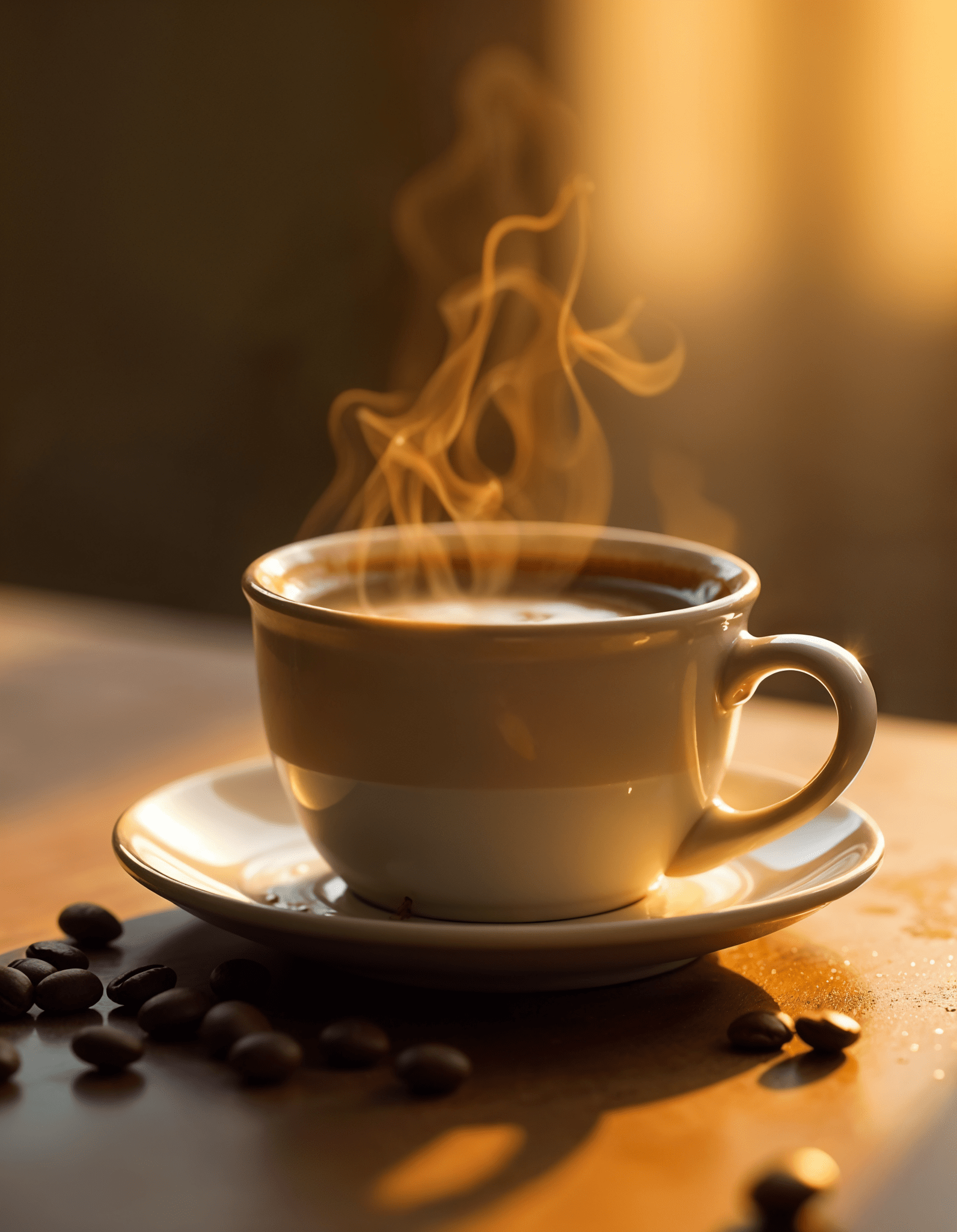 Dampende kop koffie met koffiebonen bij blog over koffieprijzen 2025