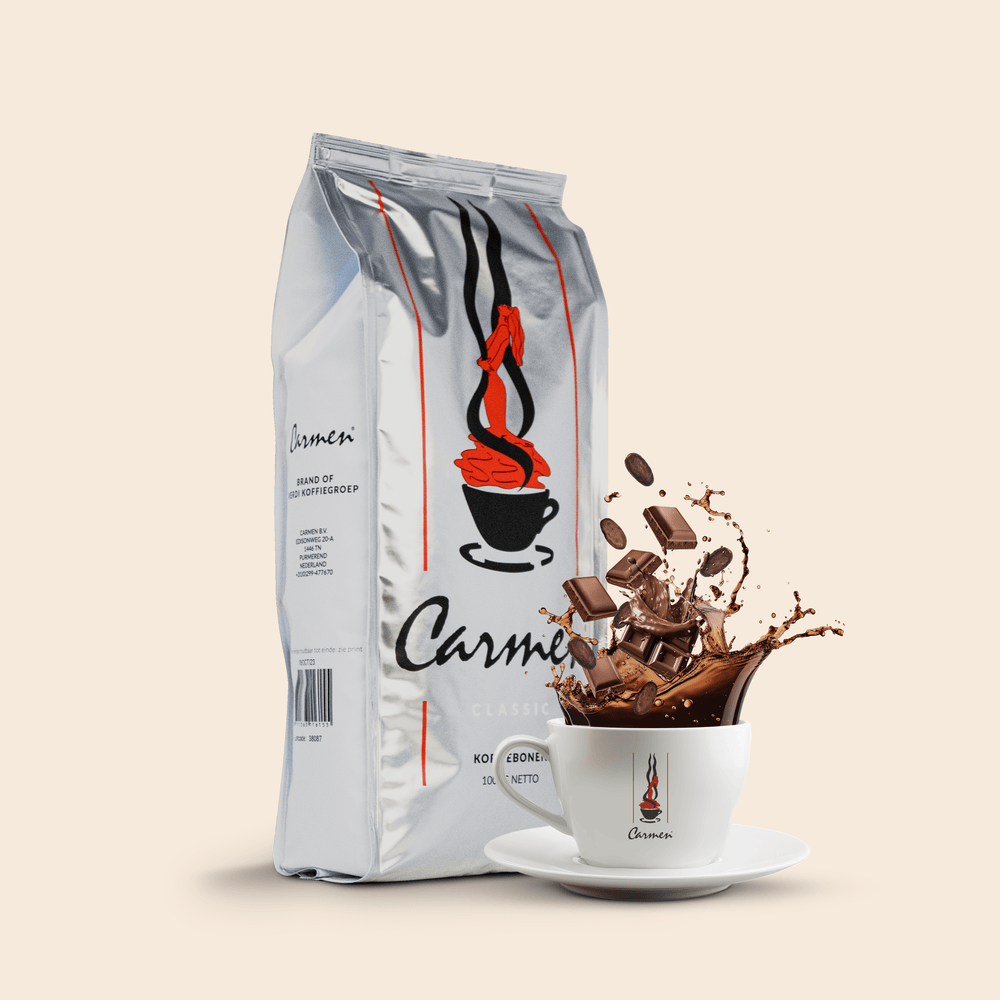 Carmen Classic koffie van GerritsKoffie – 100% Arabica met cacao en pure chocolade. Donkere premium koffie voor espresso en cappuccino.